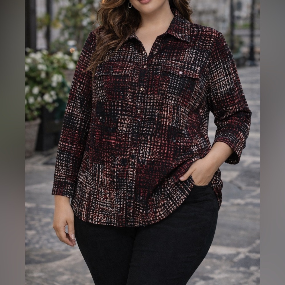 Studio Works Abstract Button Up Blouse | 1X | Black Red White